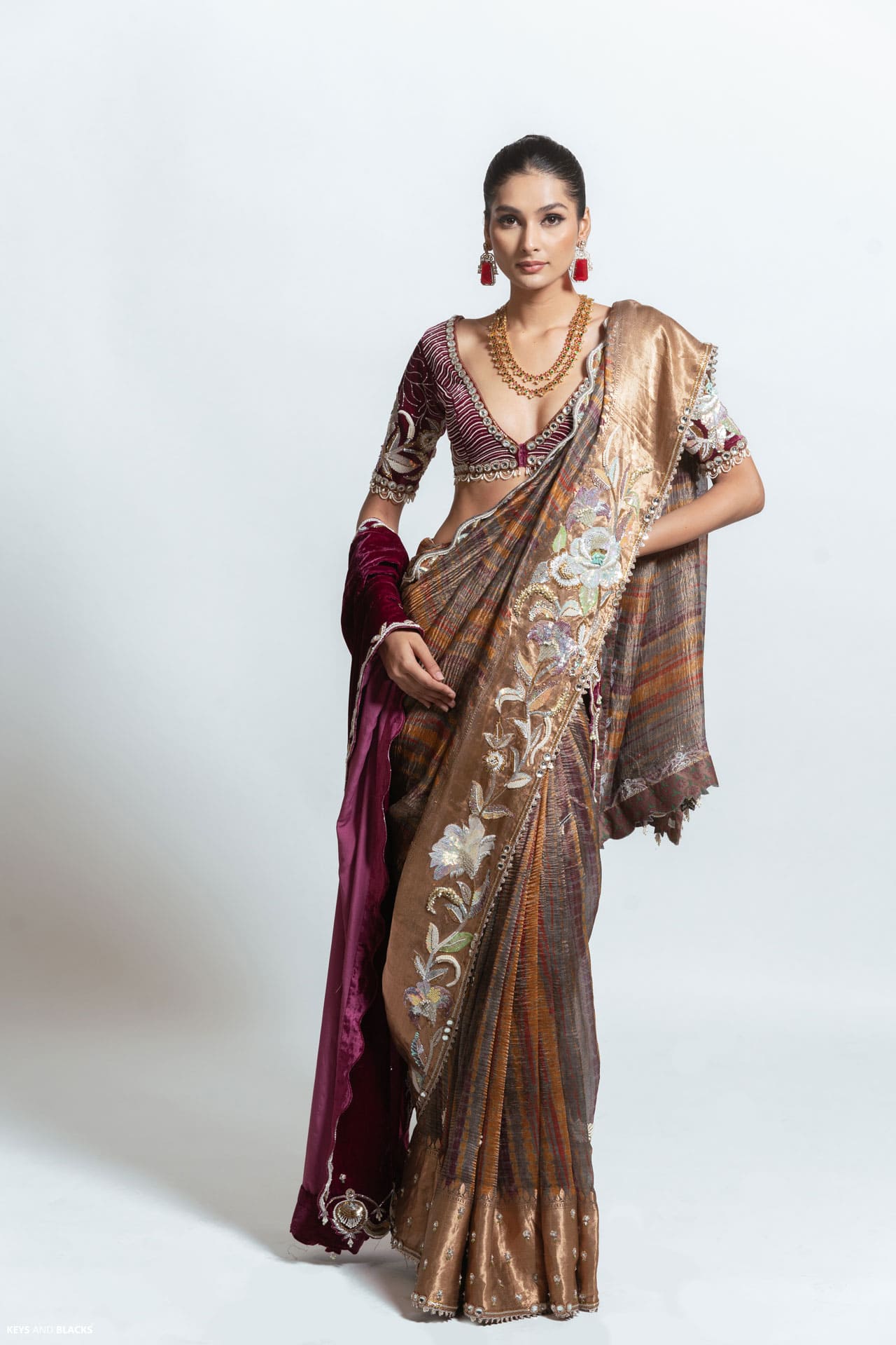 The Gulzaar Taupe-Maroon Accent Saree
